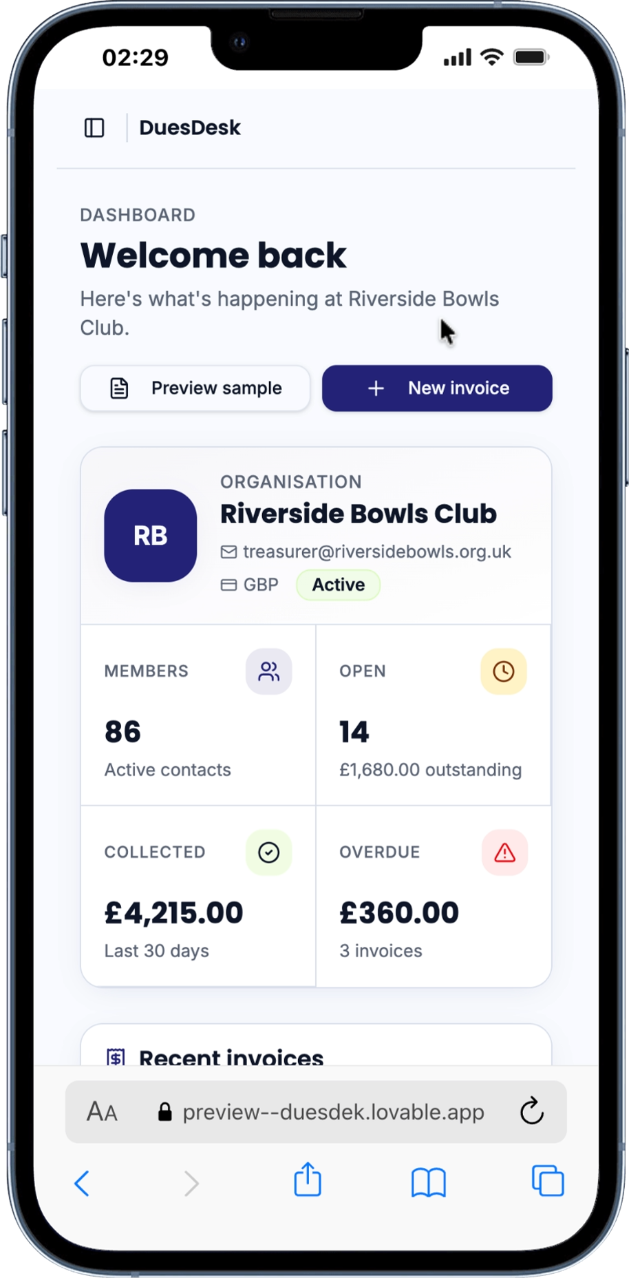 DuesDesk dashboard for Riverside Bowls Club on a phone, showing 86 members, 14 open invoices, £4,215 collected and £360 overdue, with recent invoices and their status.